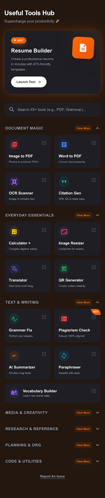 Tools Hub screen mockup